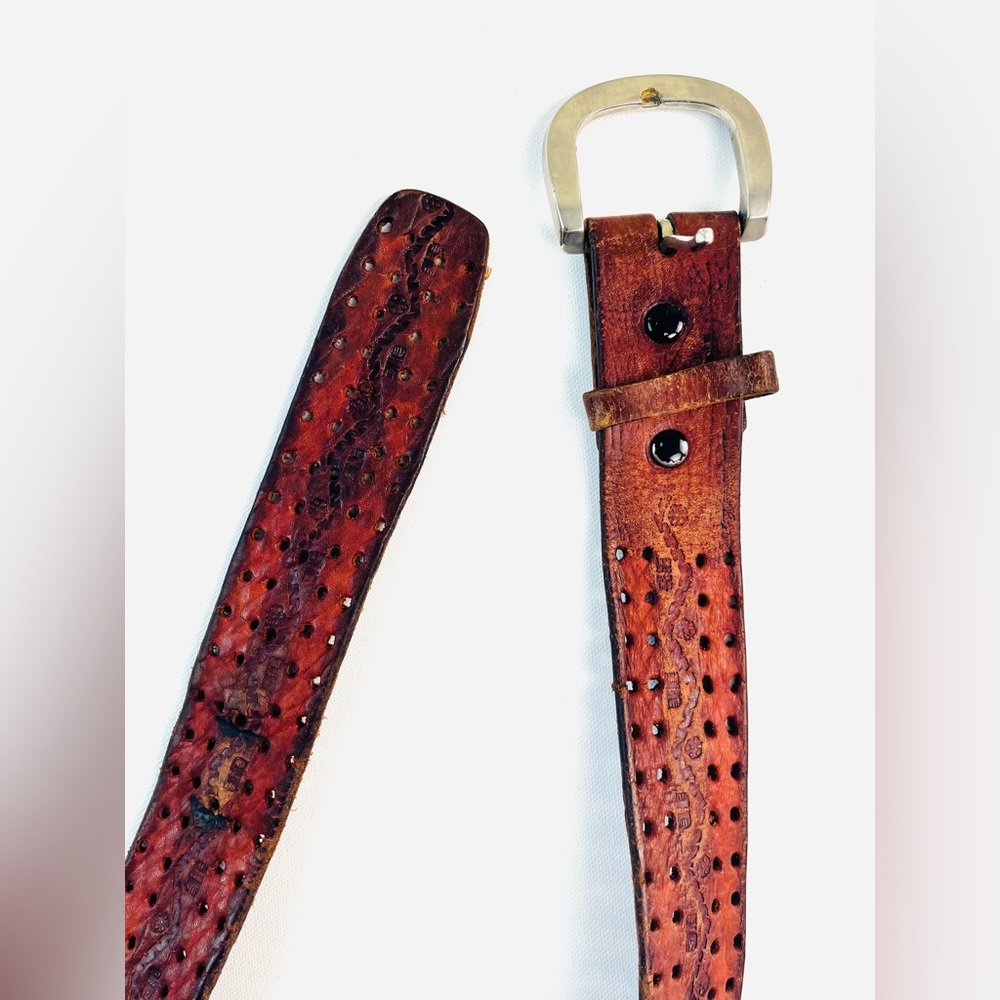 Vintage Brown Perforated Leather Belt Silver Buckle Size 42 [000277]
